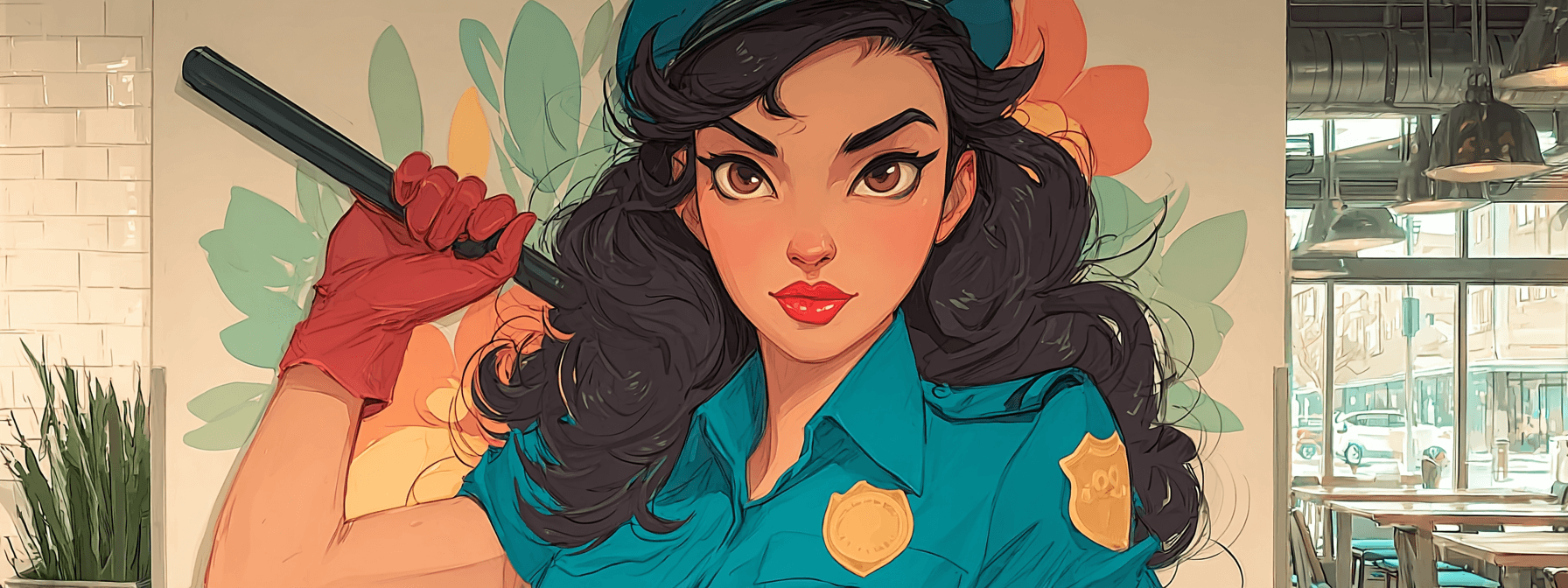 La Mascota de La Macana — mujer en uniforme teal con macana