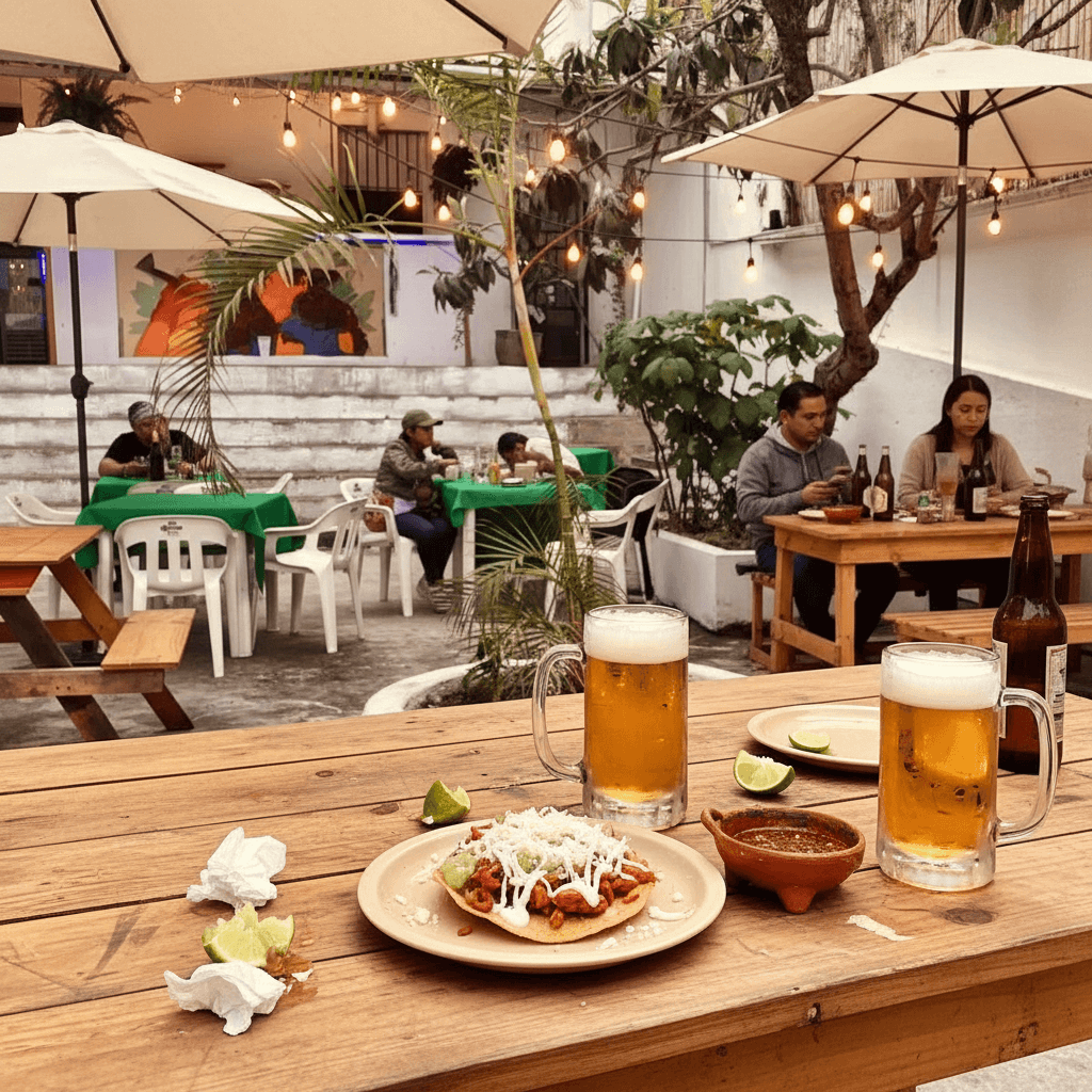 El patio de La Macana — sillas blancas, árbol tropical, guirnaldas al atardecer