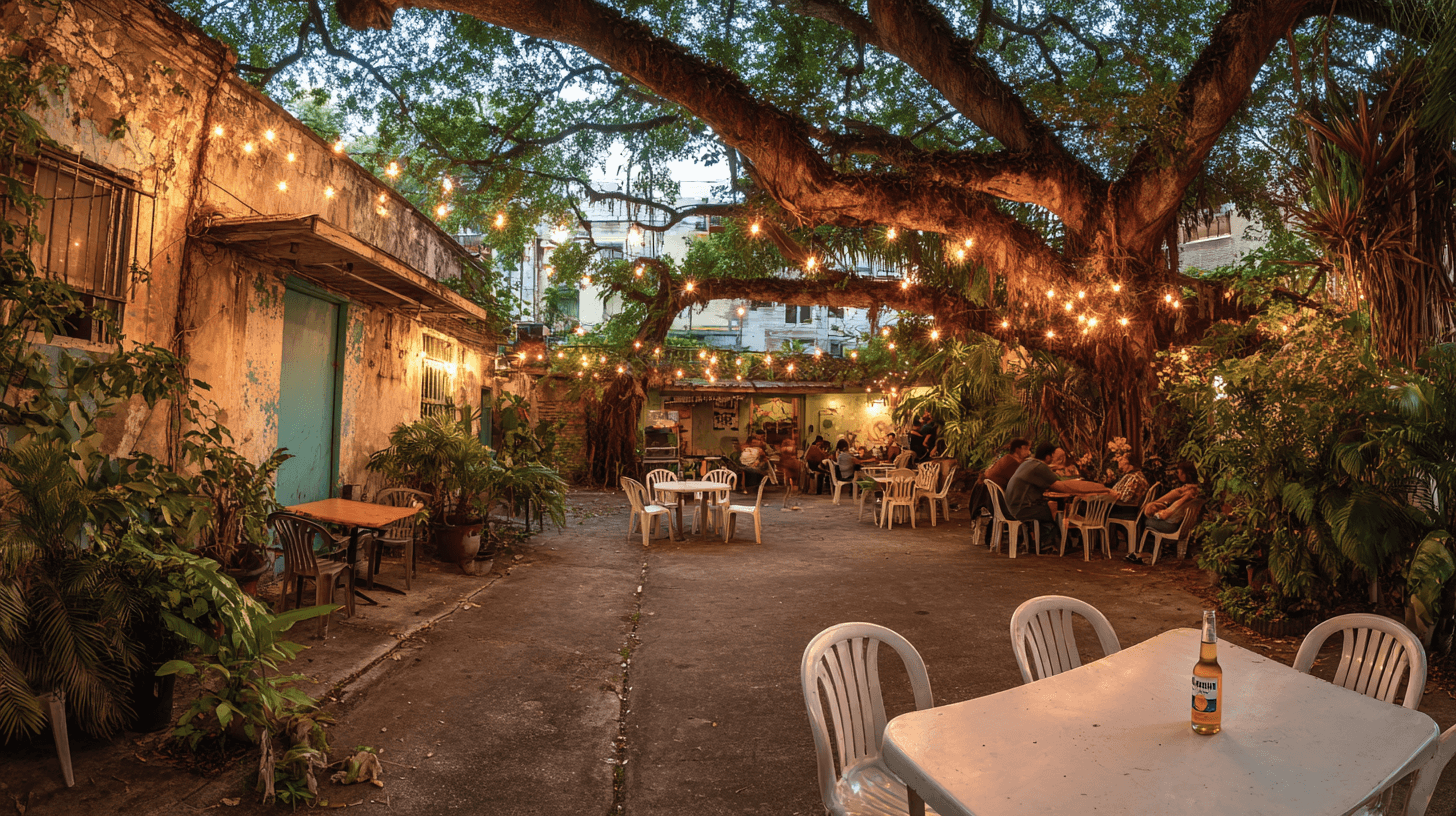 El patio de La Macana — sillas blancas, árbol tropical, guirnaldas al atardecer