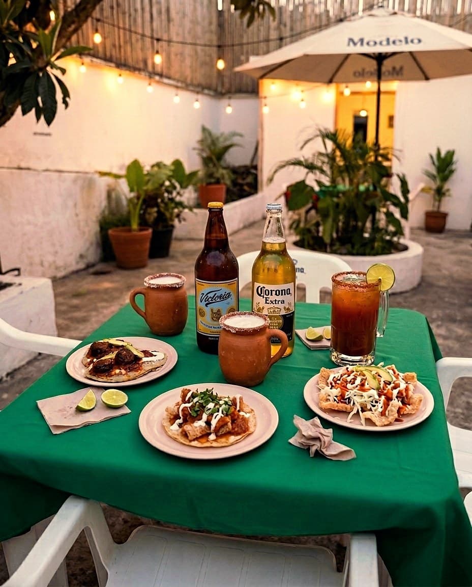 Mesa botanera de La Macana — tres platos, cervezas Victoria y Corona, micheladas en tarro de barro, patio de fondo
